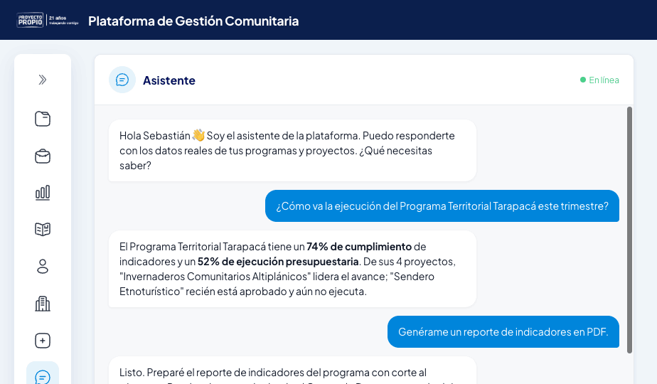 Asistente virtual: chat que responde con datos de la plataforma