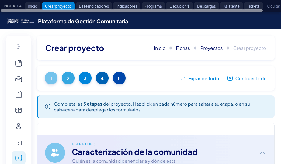 Crear proyecto: asistente guiado de 5 etapas