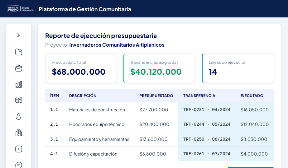Reporte de ejecución presupuestaria con transferencias y líneas